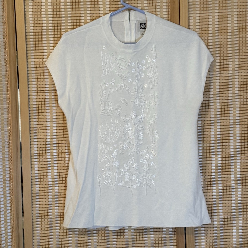 Anne Klein Womens L‎ White Embellished Beaded Cap Sleeve Sweater Office Granny